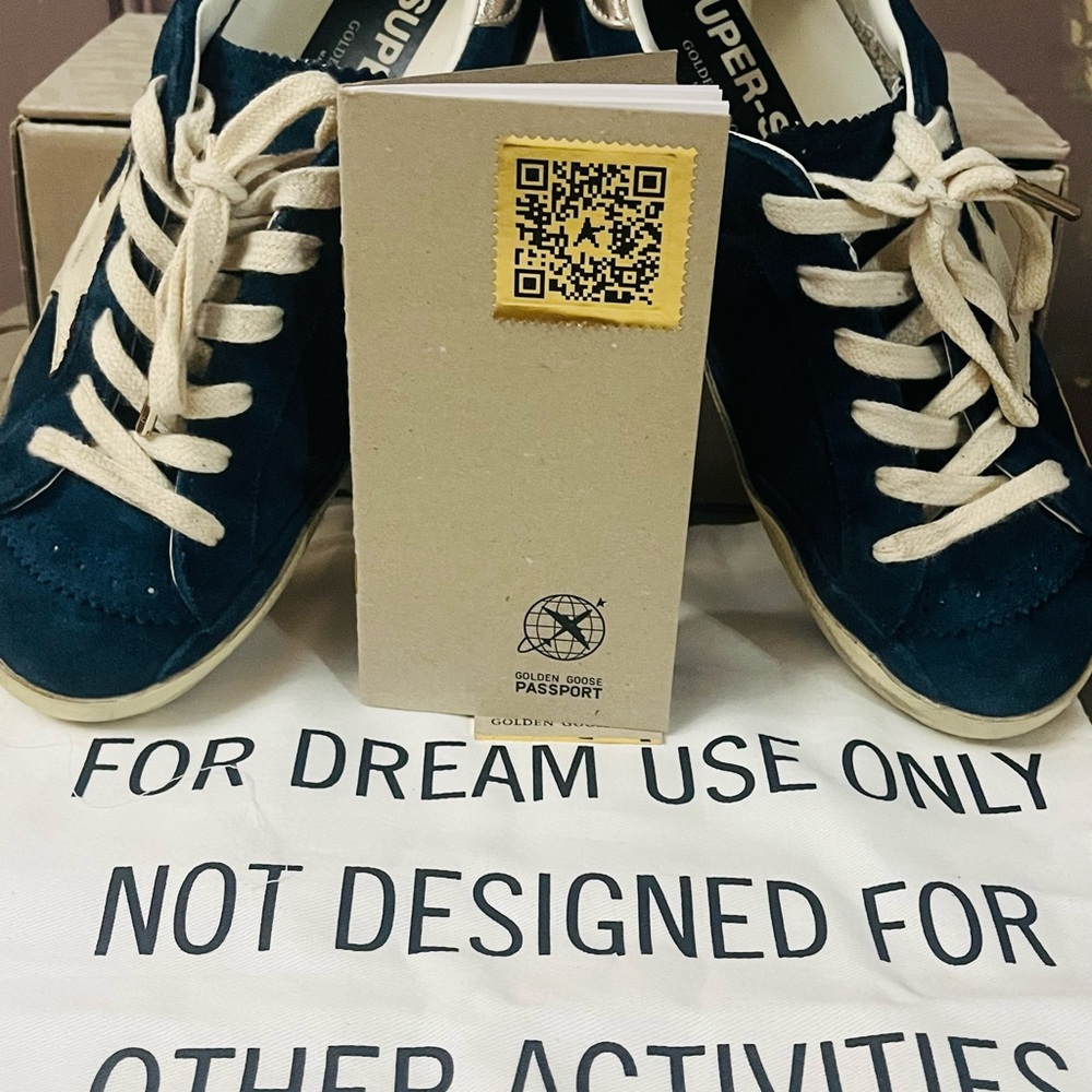 Golden Goose Navy Suede Sneakers with White Star and Cream Laces - Picture 2 of 3